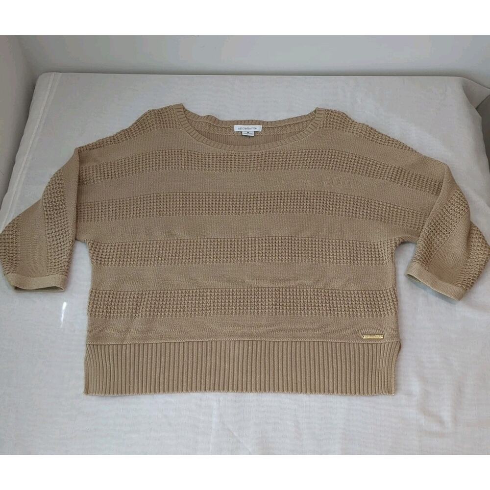 Women's Liz Claiborne Career Tan Light Knit Textured L Sweater Top 3/4 Sleeve